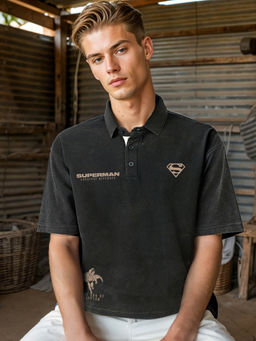 Bewakoof - Heavy Duty 1.0 DC Men's Black Superman Graphic Printed Oversized Acid Wash Polo T-shirt