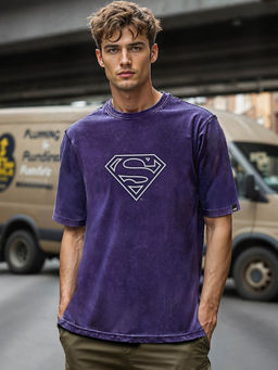 Bewakoof - Official DC Men's Blue Superman Fade Graphic Printed Oversized Acid Wash T-shirt