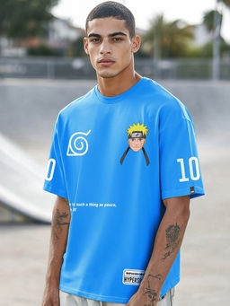 Bewakoof - Heavy Duty 1.0 Men's Blue Naruto Graphic Printed Oversized T-shirt