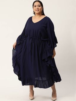 theRebelinme - Womens Navy Blue Solid Color Kaftan Midi Dress