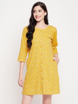 Clovia - Print Me Pretty Button Me Up Short Night Dress With Pocket Yellow