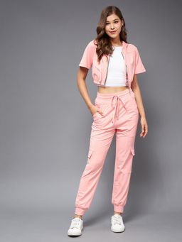 Miss Chase - Women's Peach Hooded Solid Crop Regular Co-Ord Set