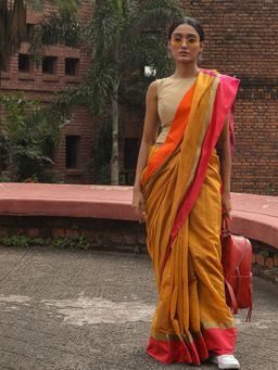 Beatitude - Mustard Blended Cotton Saree With Unstitched Blouse