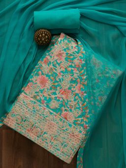 Koskii - Sea Green Thread Work Georgette Unstitched Salwar Suit (Set of 3) (Set of Three)