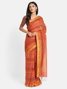 Fabindia - Orange Cotton Silk Hand Woven Saree without Blouse