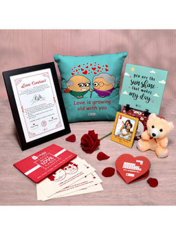 Indigifts - Anniversary Cushion Cover, Cute Teddy, Artificial Rose and Magnet