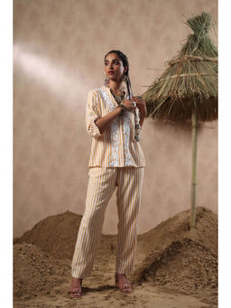 NYARO - Cotton Yarn Dye Mustard Stripe Embroidered Co-Ord Set