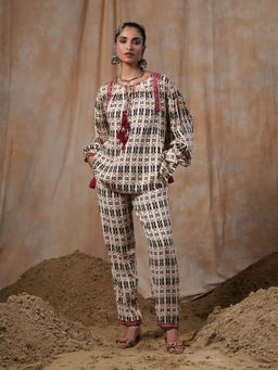 NYARO - Beige Viscose Moss Crepe Top with Pant For Women (Set of 2)