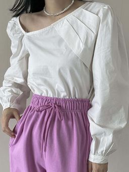 Outzidr - White Asymmetric Neck with Pleats Top