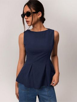 Outzidr - Navy Blue Pin Tucked Skater Top