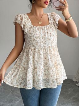 Outzidr - Cream Square Neck Printed Fit and Flare Top