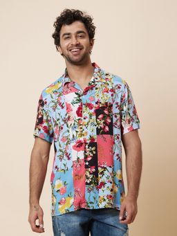 Globus - Men Blue Cuban Collar Floral Patch Print Opaque Casual Shirt