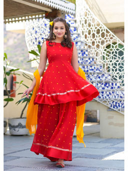 Rangpur - Red Bandhani Peplum Kurta Palazzo (Set of 3)