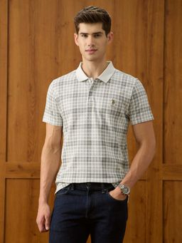 U.S. POLO ASSN. - Beige Checks Cotton Slim Fit Polo T-Shirt