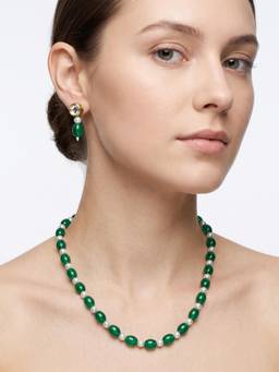 Carlton London - Gold Plated Emerald Green & Pearl Beaded CZ Jewellery Set