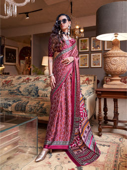 Elora - Pure Satin Crepe Printed Dark Magenta Bollywood Saree with Unstitched Blouse
