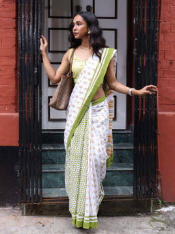 Moora - Limelight Mul Cotton Hand Block Printed Saree with Unstitched Blouse