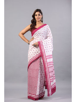 Moora - Pink Alley Mul Cotton Hand Block Printed Saree with Unstitched Blouse