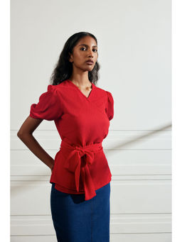 Qua - Red Textured Crepe Wrap Top with Belt (Set of 2)