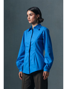 Qua - Blue Solid Pleated Sleeve Shirt