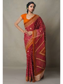 Unnati Silks - Maroon Pure Bandhani Kota Cotton Saree with Unstitched Blouse
