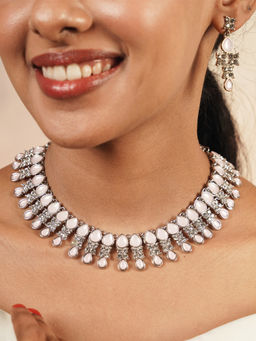 Fida - Wedding Silver Plated Floral American Diamond Party Wear Jewellery Set for Women