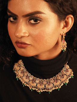 Fida - Wedding Lovely Red Gold Plated Temple Pearl Wear Alloy Jewellery Set for Women