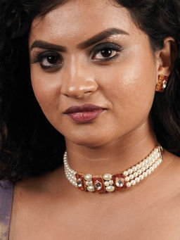 Fida - Wedding Maroon Gold Plated Geometric Pearl Kundan Ethnic Wear Jewellery Set for Women