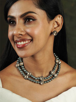 Fida - Wedding Grey Gold Plated Geometric Kundan Beads Fusion Wear Jewellery Set for Women