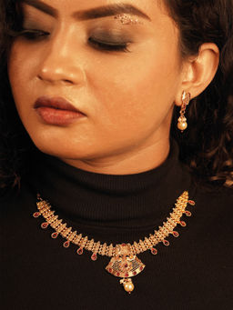 Fida - Wedding Pretty Maroon Gold Plated Temple Pearl Wear Jewellery Set for Women
