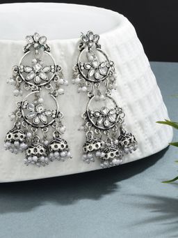 Fida - Floral Silver Plated Kundan Studded Pearl Jhumki Dangler Earrings for Women