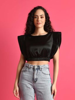 Attic Salt - Black Solid Satin Wings Crop Top
