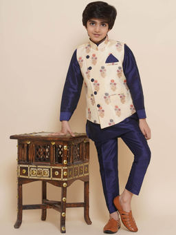 AJ Dezines - Cotton Silk 3pc Kurta Pant Set For Boys - Navy Blue (Set of 3)