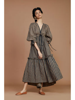 Mati - Tiered Frill Brown Striped Dress