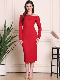 Exude - Luminous Affair Off-Shoulder Red Midi Dress