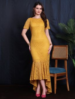 Exude - Moonlit Luxe High Low Lace Short Sleeve Dress