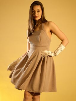 KASSUALLY - Beige Halter Neck Fit and Flare Dress