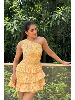 Myclo - Hansel Cotton One Shoulder Yellow Print Ruffle Dress