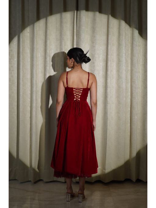 green emerald velvet dress Maroon Handspun Cotton Ankle Length Pleated Flared Dress 32