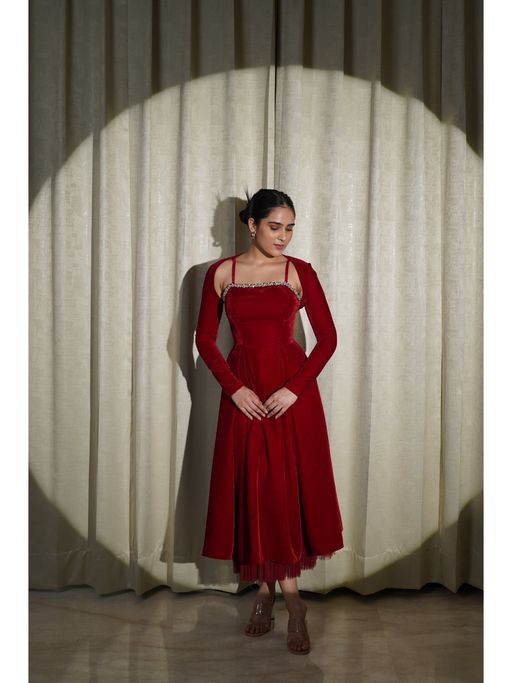 Buy Myclo Velvet Love Luxurious Maroon Velvet Flared Dress (XS) Online