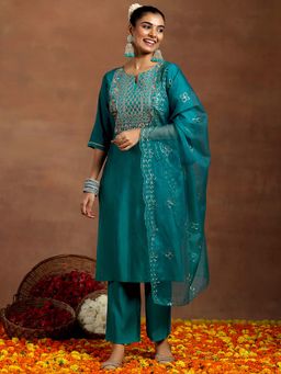 Gerua By Libas - Teal Silk Blend Yoke Design Kurta Sets for Women