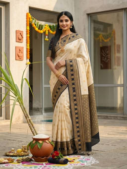 URBAN PALLU - Women Silk Blend Printed Off White Saree