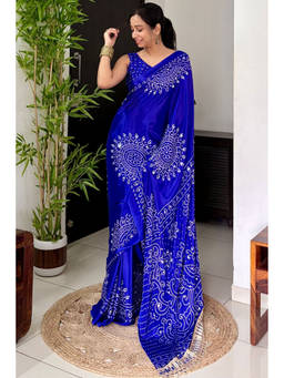 Mysilklove - Women's Prussian Blue Bandhani Gaji Satin Mirror Work Silk Crepe Saree