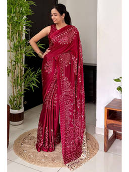 Mysilklove - Women's Coral Red Bandhani Gaji Satin Mirror Work Silk Crepe Saree