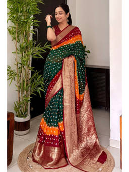 Mysilklove - Women's Hunter Green And Orange Bandhani Zari Silk Saree