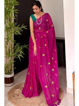 Mysilklove - Women's Flamingo Pink Mul Mul Cotton Floral And Sequin Work Woven Saree
