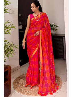 Mysilklove - Women's Imperial Red Mul Mul Cotton Check Pattern Saree