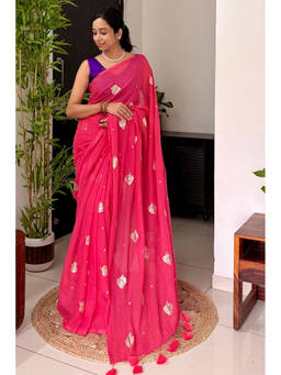 Mysilklove - Women's Charm Pink Pure Mul Mul Cotton Leaf Sequin Work Saree
