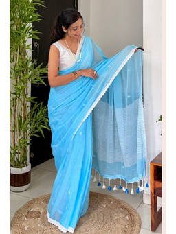 Mysilklove - Women's Water Blue Pure Mul Mul Cotton Saree
