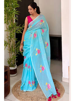 Mysilklove - Women's Ocean Blue Pure Mul Mul Cotton Lotus Sequin Work Saree